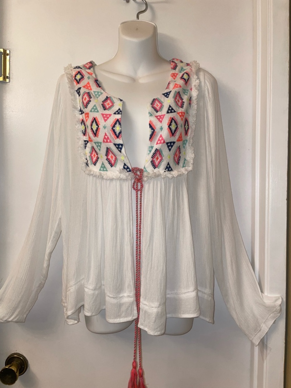 Ivory Embroidered Boho Tie-Front Camisole with Pink Accents